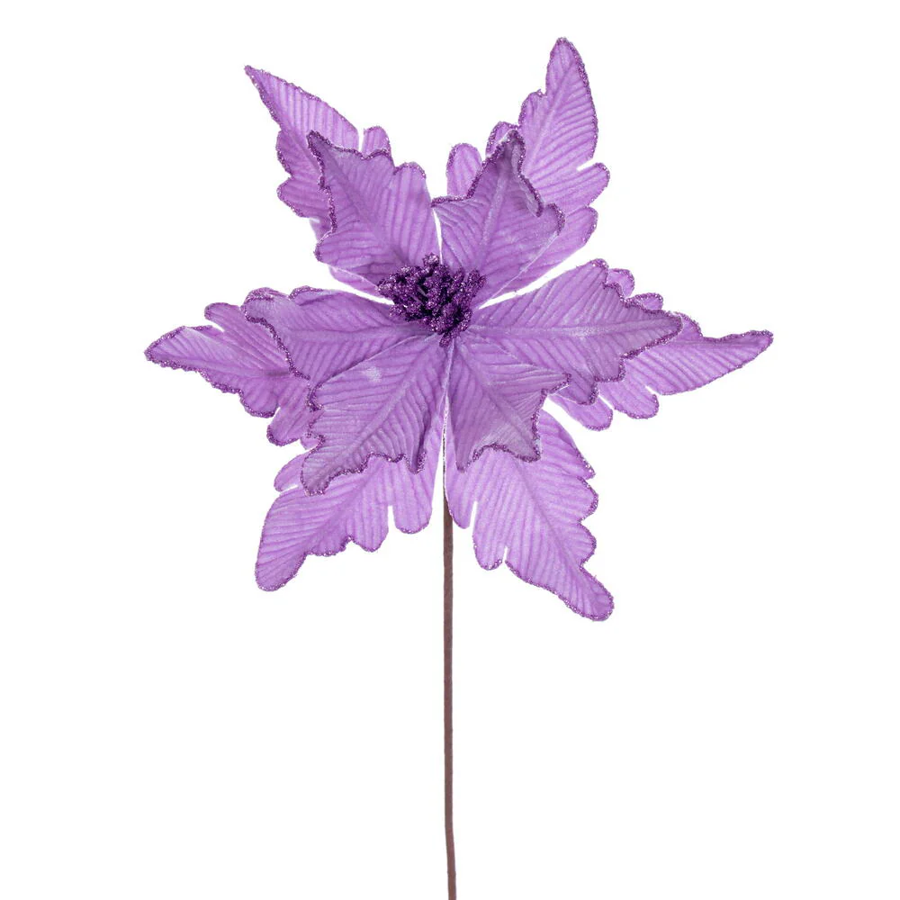 20"x13" Glittered Velvet Artificial Poinsettia Flower Stem -Lavender (Pack of 12)