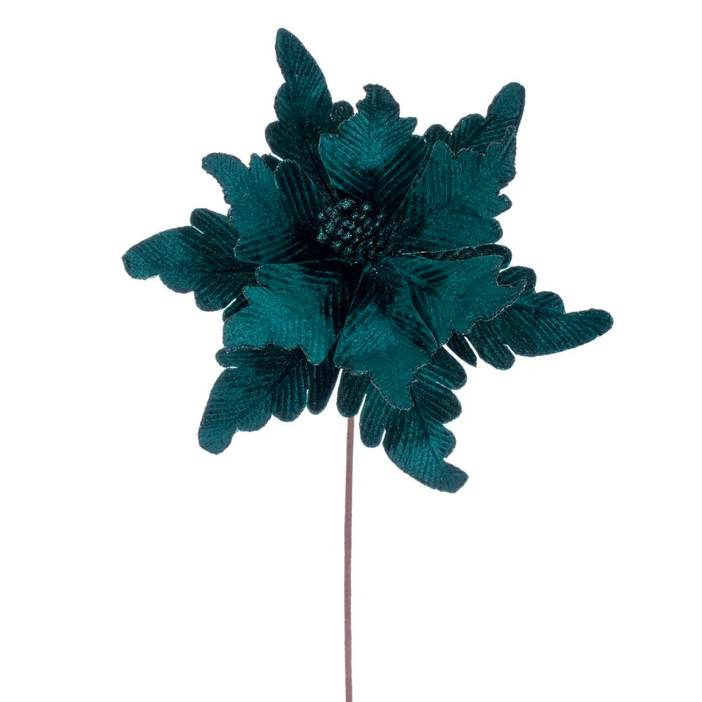 20"x13" Glittered Velvet Artificial Poinsettia Flower Stem -Midnight Green (Pack of 12)