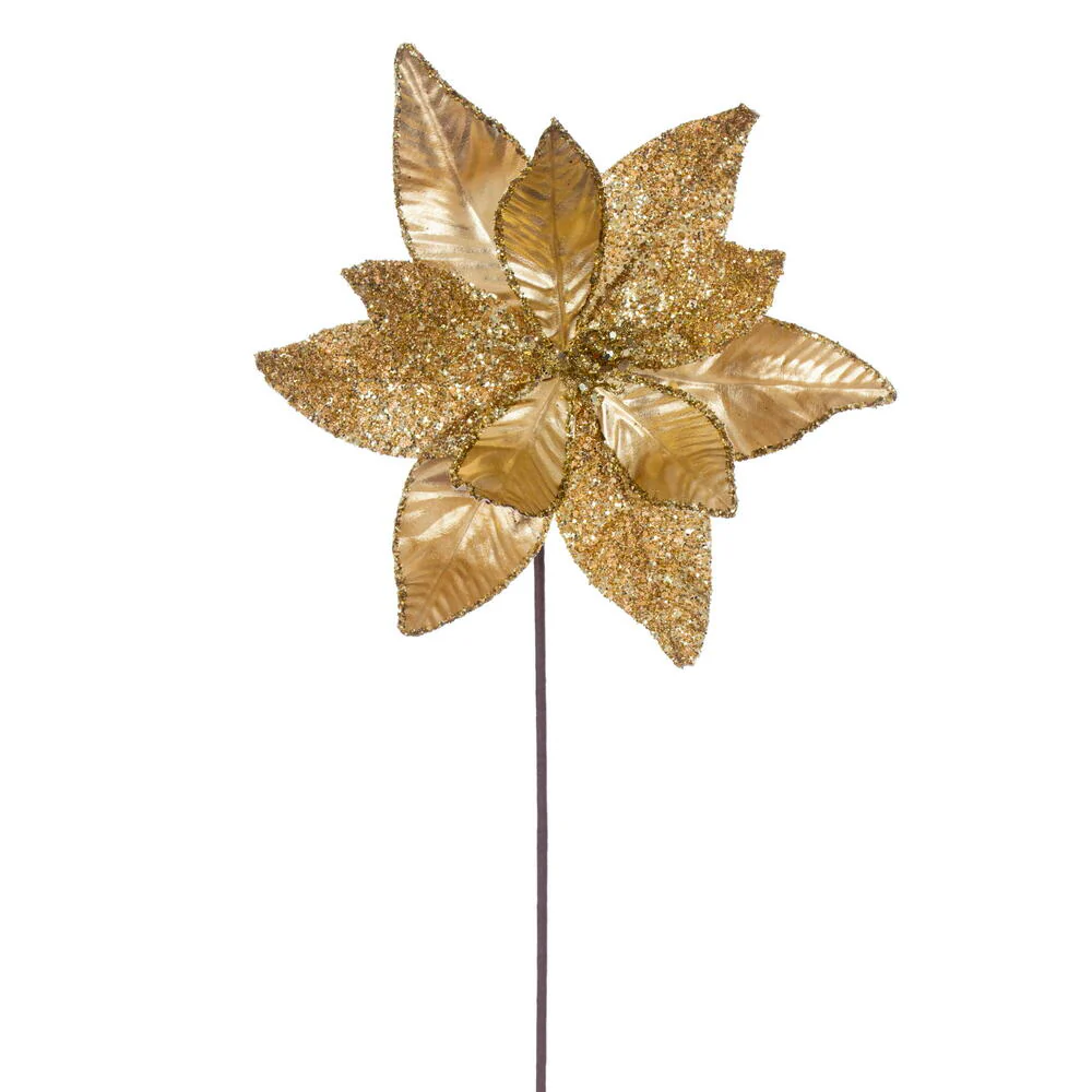 21.5"Hx11"W Glittered Artificial Poinsettia Flower Stem -Gold (Pack of 12)