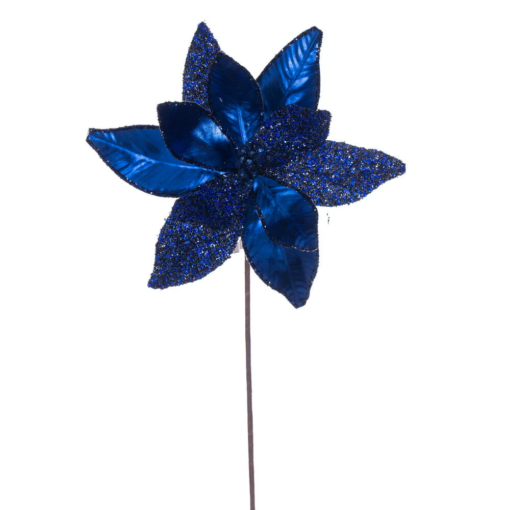 21.5"Hx11"W Glittered Artificial Poinsettia Flower Stem -Midnight Blue (Pack of 12)