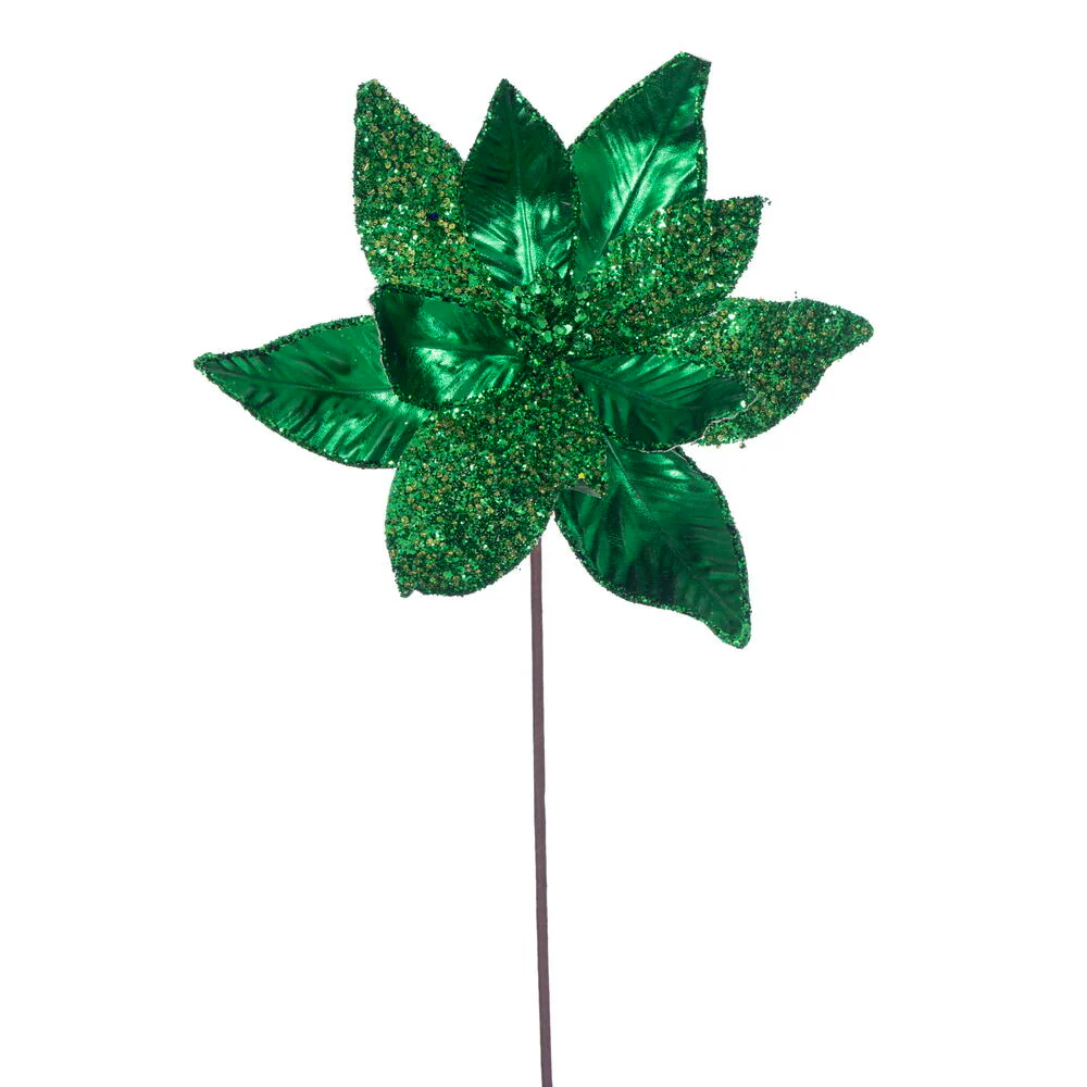 21.5"Hx11"W Glittered Artificial Poinsettia Flower Stem -Midnight Green (Pack of 12)