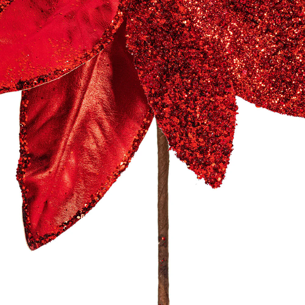 21.5"Hx11"W Glittered Artificial Poinsettia Flower Stem -Red (Pack of 12) - Image 3