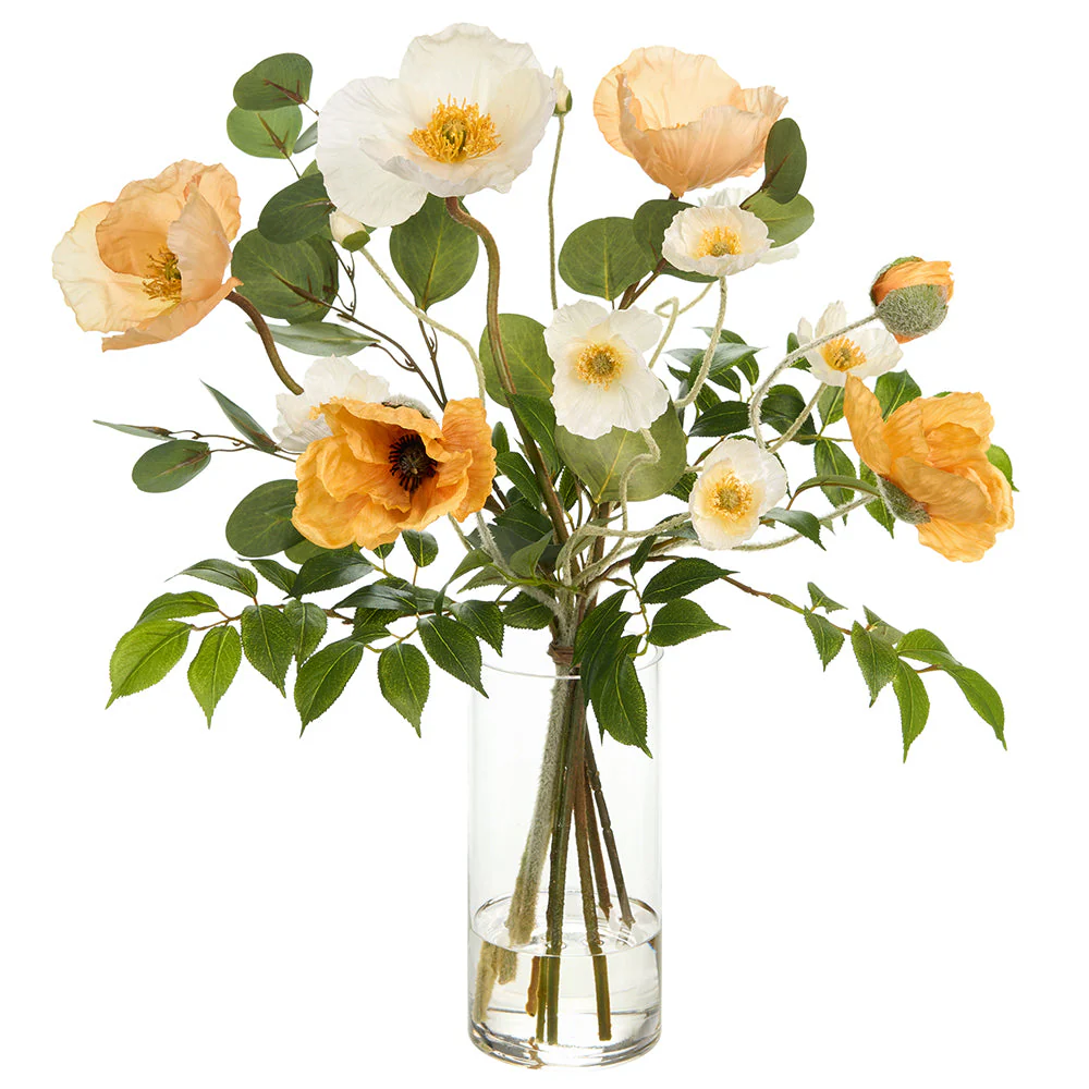 21.5"Hx20"W Poppy Silk Flower Arrangement w/Glass Vase -Yellow/Cream