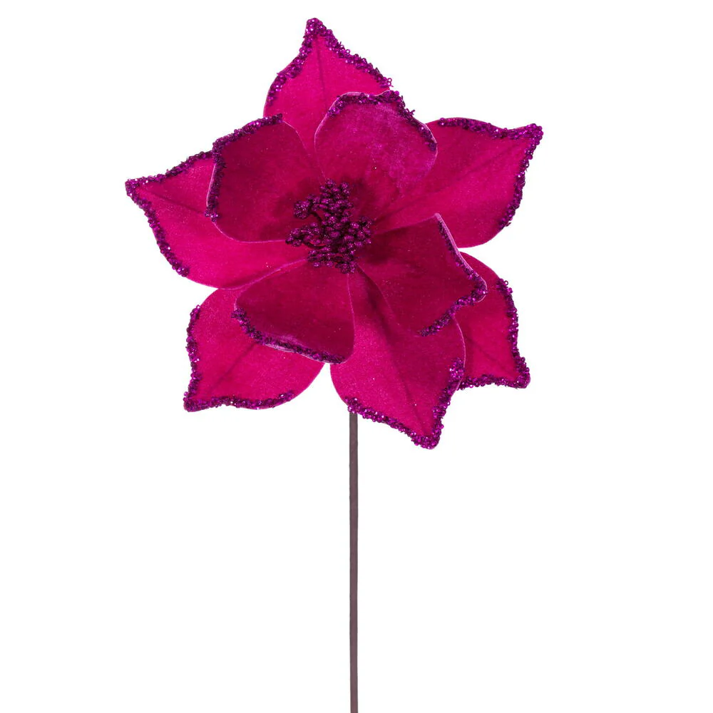 21.5"x10" Glittered Artificial Poinsettia Flower Stem -Hot Pink (Pack of 12)