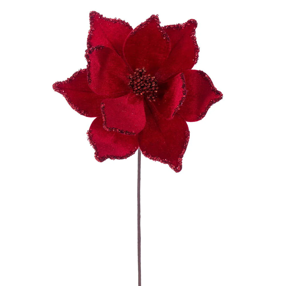 21.5"x10" Glittered Artificial Poinsettia Flower Stem -Red (Pack of 12)