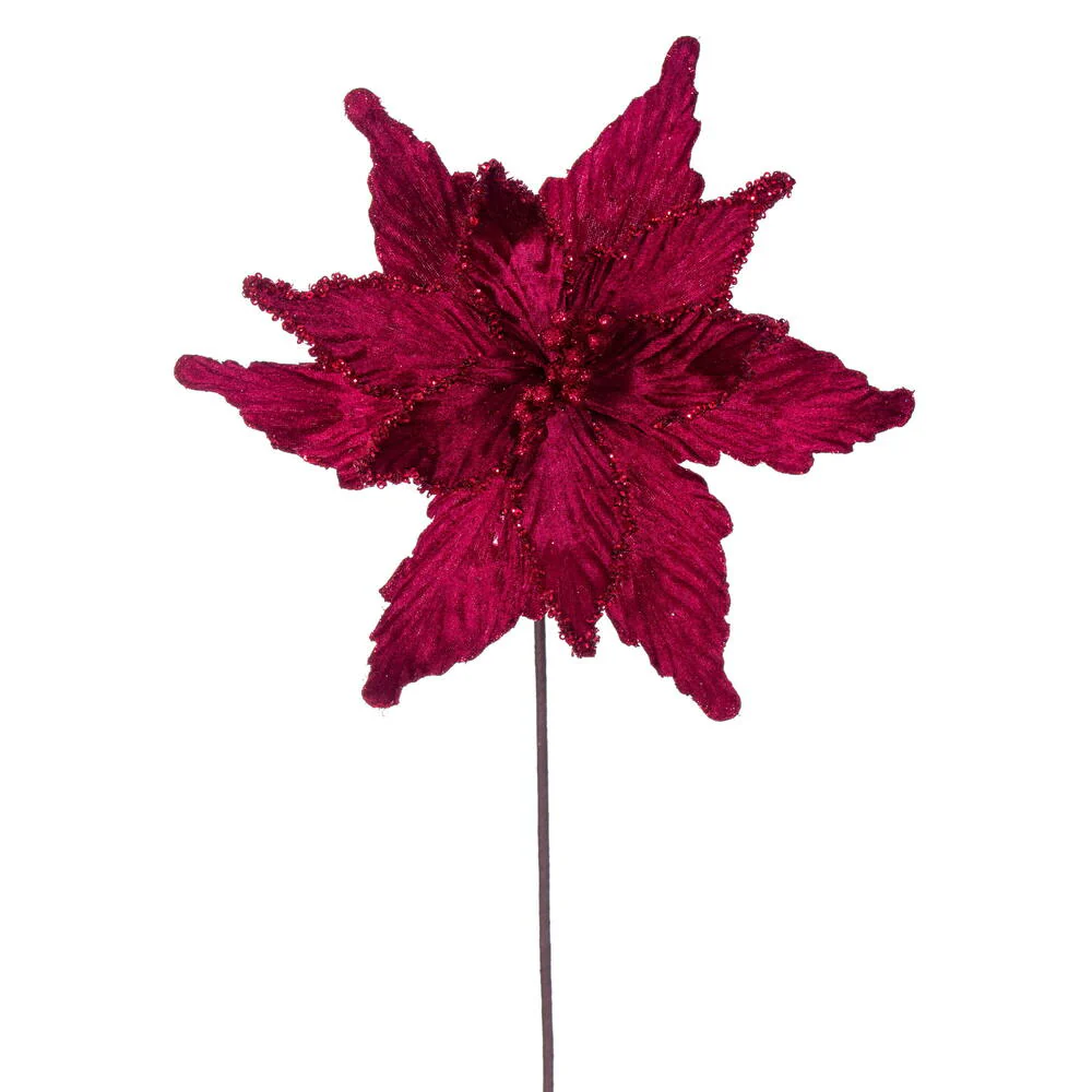 21.5"x12" Glittered Artificial Poinsettia Flower Stem -Burgundy (Pack of 12)