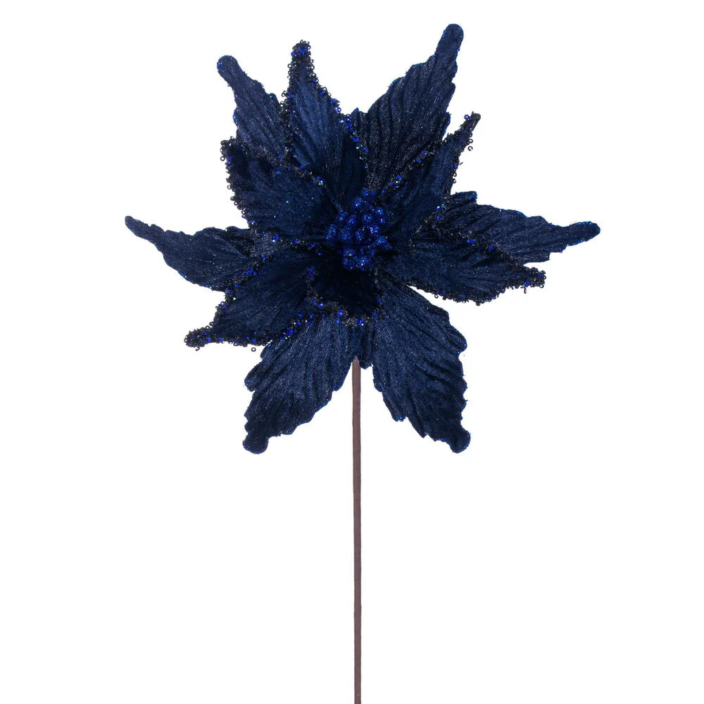 21.5"x12" Glittered Artificial Poinsettia Flower Stem -Midnight Blue (Pack of 12)