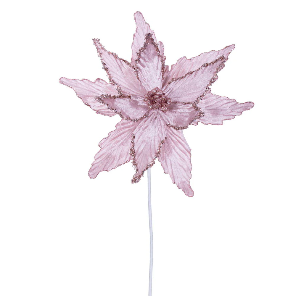 21.5"x12" Glittered Artificial Poinsettia Flower Stem -Pink (Pack of 12)