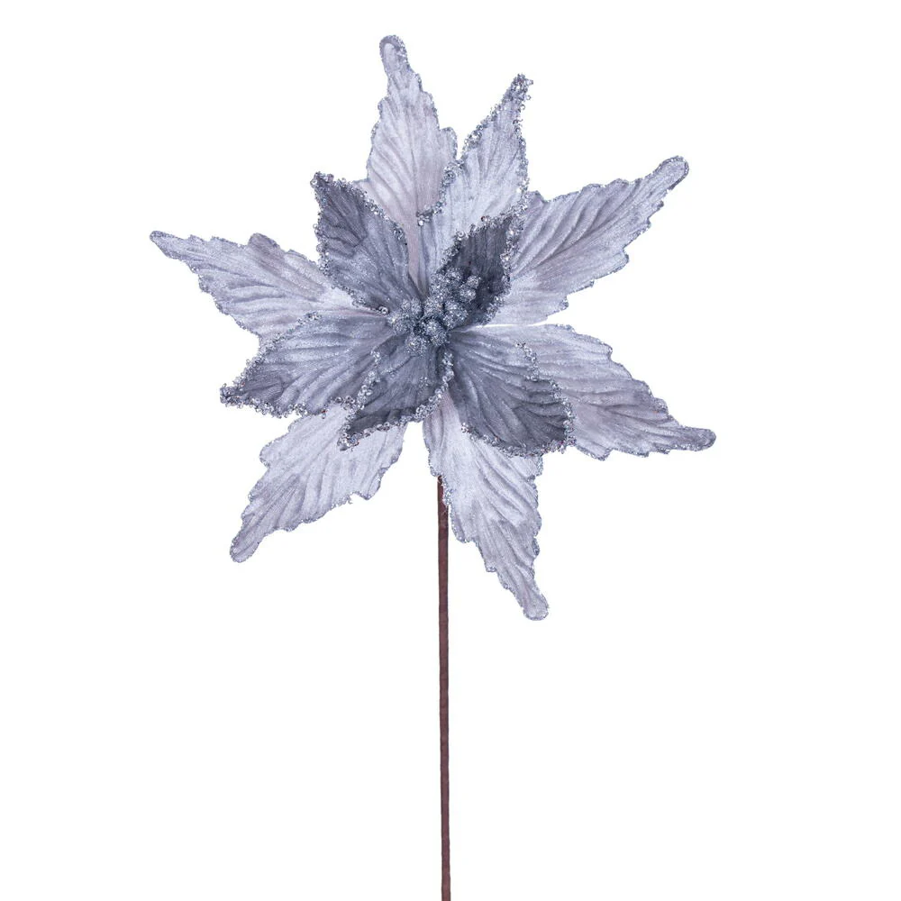 21.5"x12" Glittered Artificial Poinsettia Flower Stem -Silver (Pack of 12)