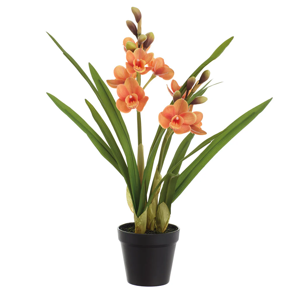 21" Cymbidium Orchid Silk Flower Arrangement w/Plastic Pot -Orange (Pack of 3)