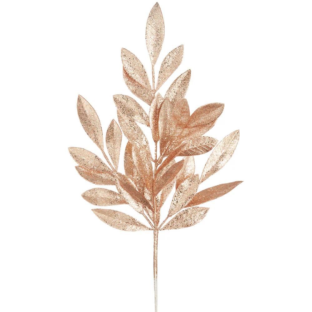21" Glittered Artificial Bay Leaf Stem -Rose Gold (Pack of 36)