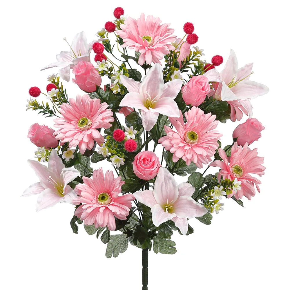 21" Mixed Lily, Gerbera Daisy & Rose Bud Silk Flower Bush -Pink (Pack of 6)