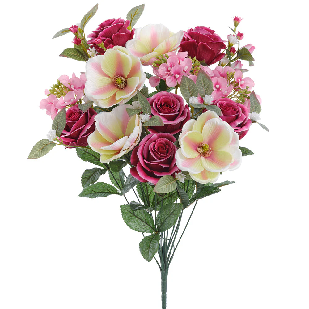 21" Mixed Magnolia, Rose & Hydrangea Silk Flower Bush -Violet/Cream (Pack of 6)