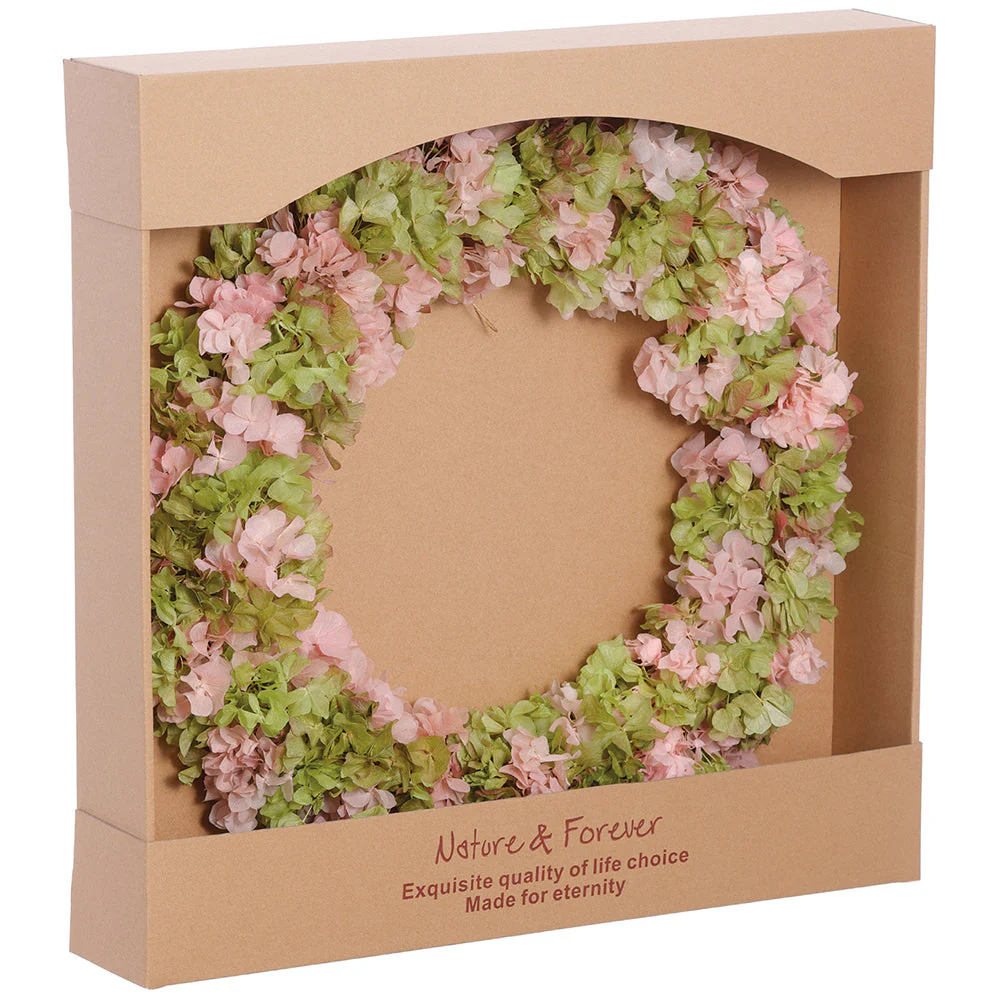 21" Preserved Hydrangea Flower Wreath -Green/Pink