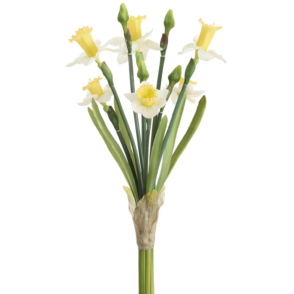 21" Real Touch Daffodil Silk Flower Bouquet -White/Yellow (Pack of 6)