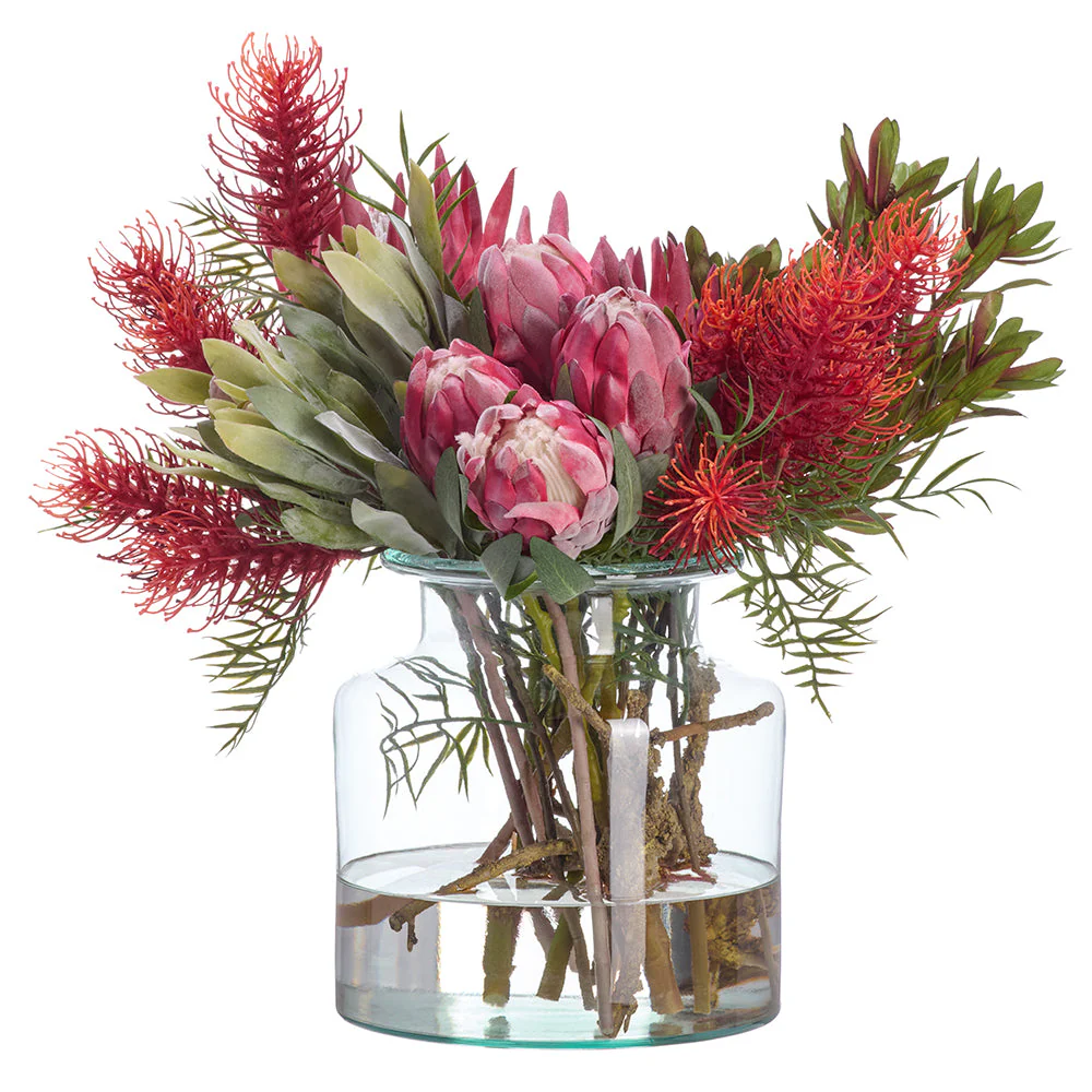 21"Hx20"W Protea & Banksia Silk Flower Arrangement w/Glass Vase -Pink/Green