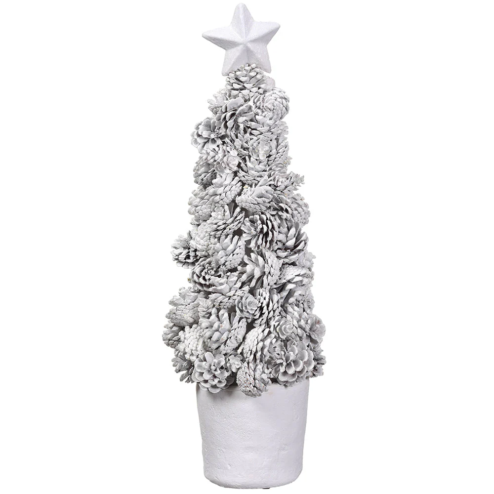 22.5" Artificial Glittered Pinecone & Star Cone-Shaped Topiary w/Mgo Planter -White (Pack of 2)