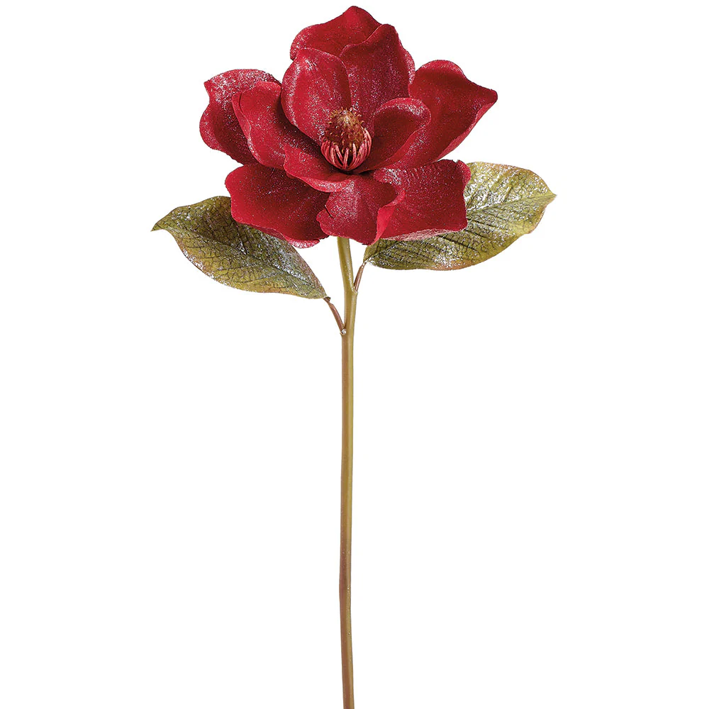 22.5" Glittered Artificial Magnolia Flower Stem -Red (Pack of 12)