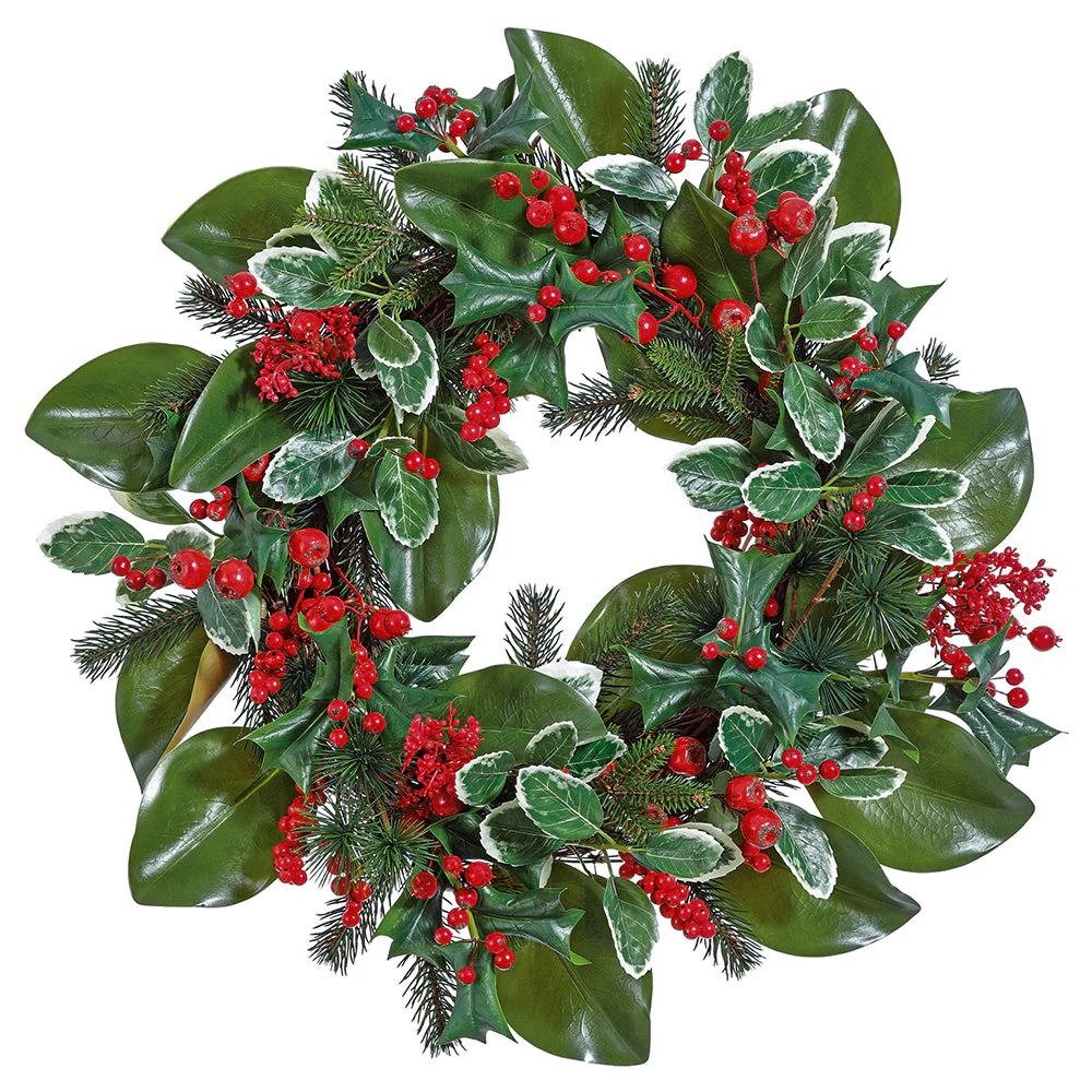 22" Artificial Holly Leaf, Berry & Pine Wreath -Red/Green (Pack of 4)