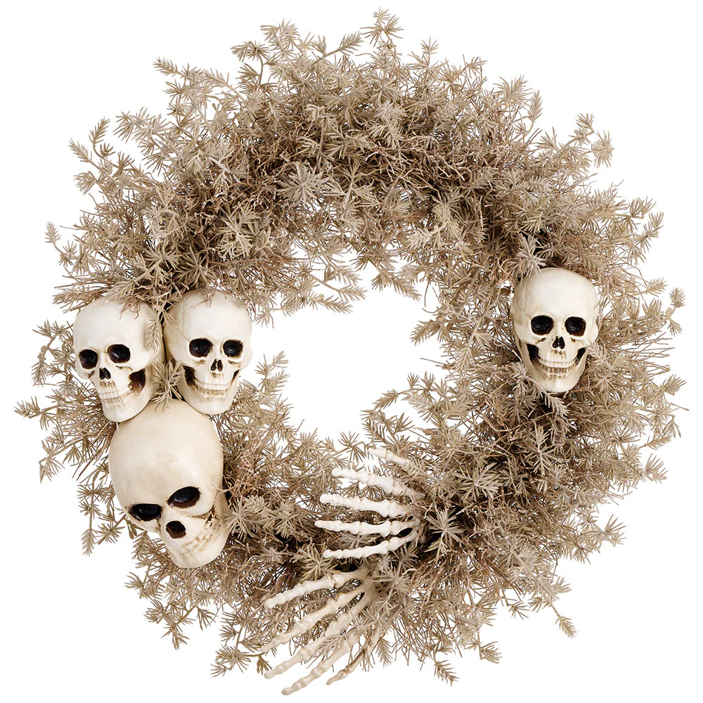 22" Artificial Pine Wreath With Skeletons -Beige/Gray (Pack of 4)
