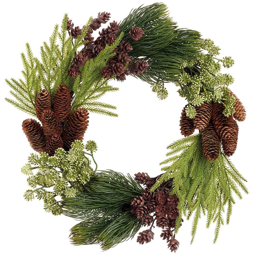 22" Artificial Sedum, Pinecone & Pine Wreath -Green/Brown (Pack of 2)