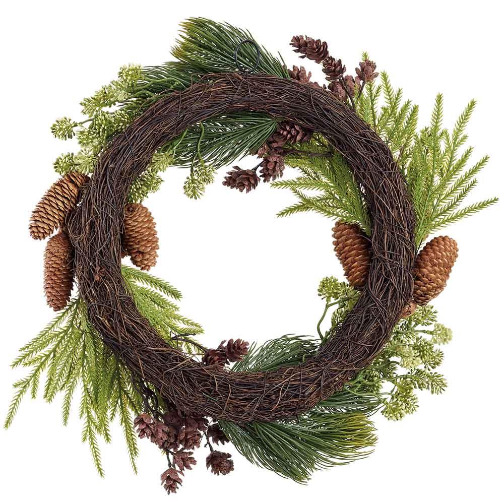 22" Artificial Sedum, Pinecone & Pine Wreath -Green/Brown (Pack of 2) - Image 2