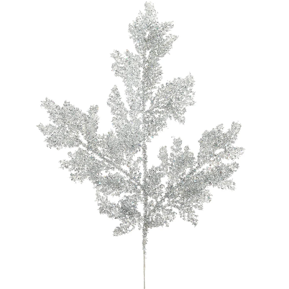 22" Glittered Artificial Lace Fern Leaf Stem -Silver (Pack of 36)