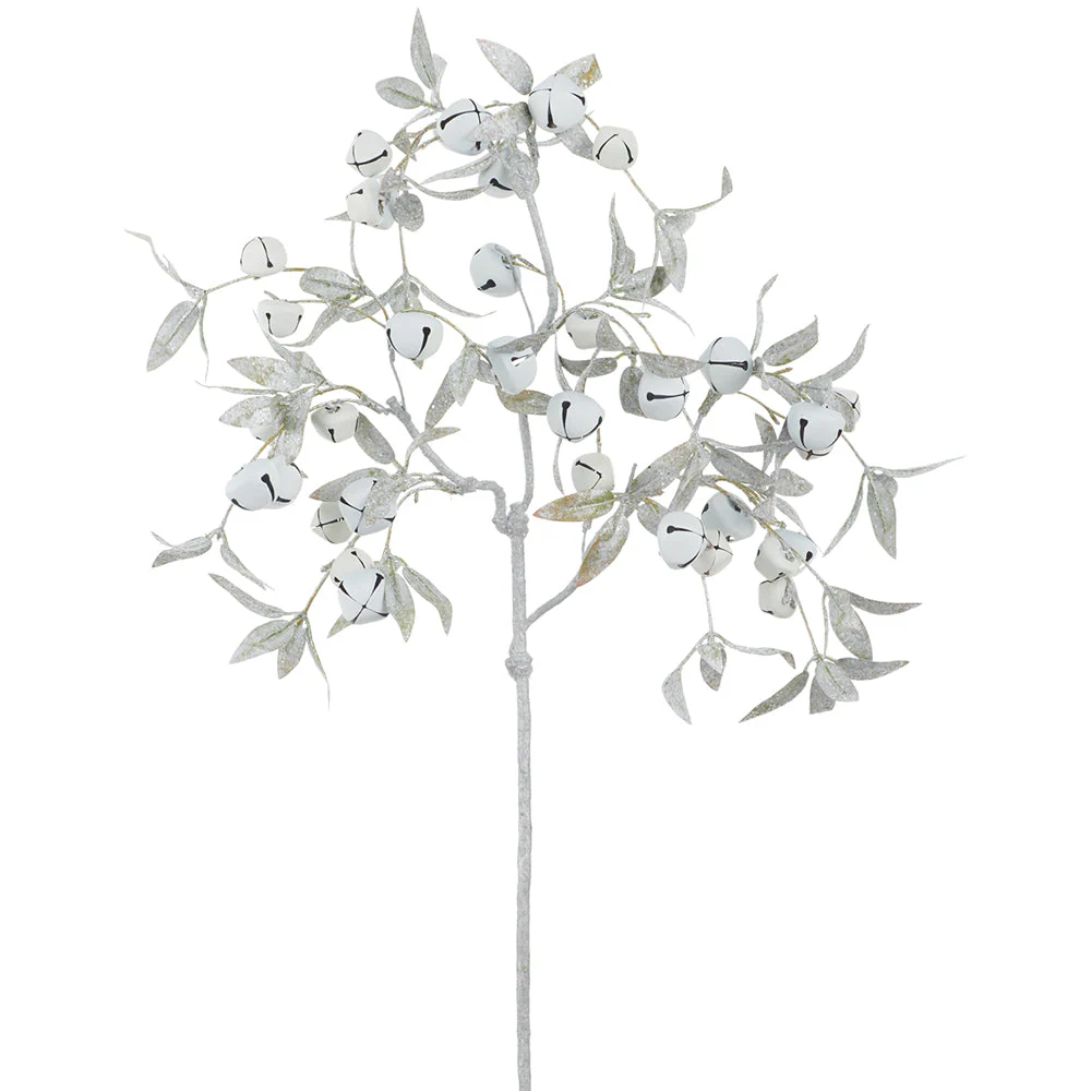 22" Glittered Artificial Leaf Stem With Bells -White/Silver (Pack of 12)