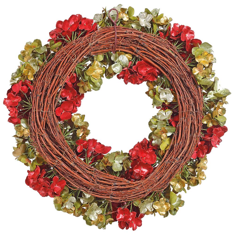 22" Glittered Metallic Silk Hydrangea Wreath -Red/Green (Pack of 4) - Image 2