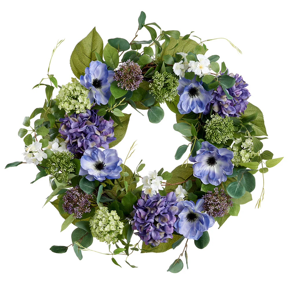 22" Hydrangea, Anemone & Snowball Silk Flower Wreath -Purple/Green (Pack of 2)