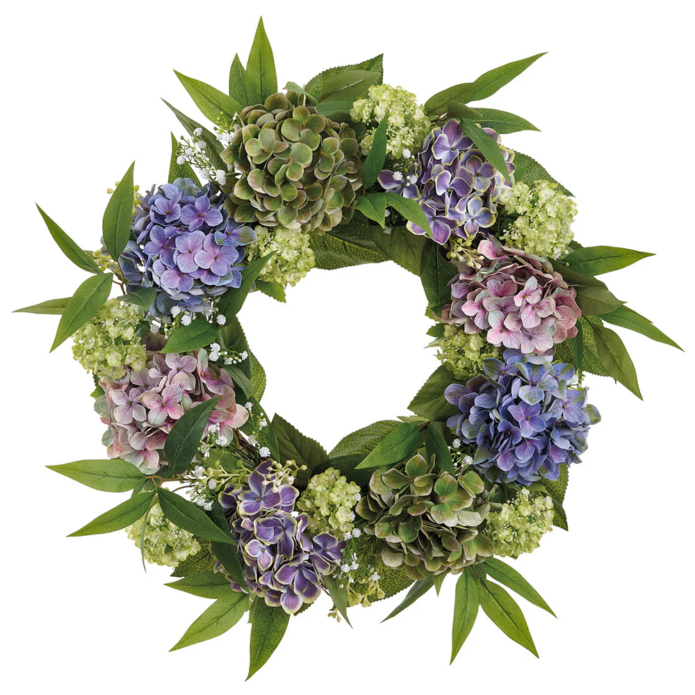 22" Hydrangea, Snowball & Baby's Breath Silk Flower Wreath -Purple/Green