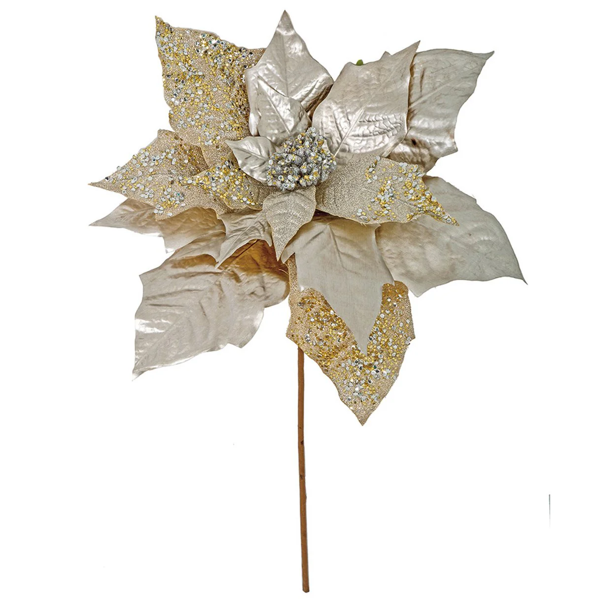 22" Metallic & Sequin Artificial Poinsettia Flower Stem -Champagne/Silver (Pack of 12)