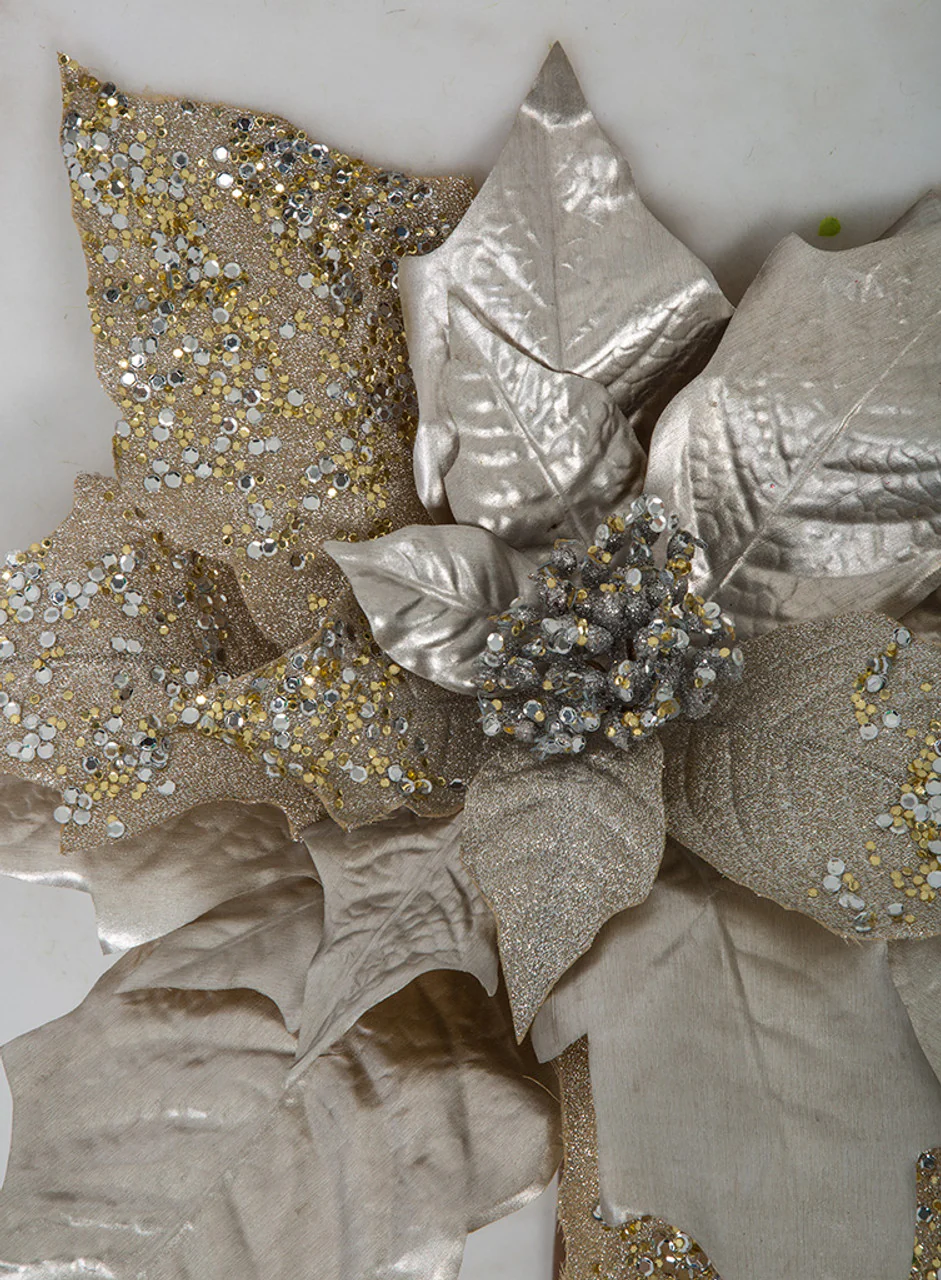 22" Metallic & Sequin Artificial Poinsettia Flower Stem -Champagne/Silver (Pack of 12) - Image 2