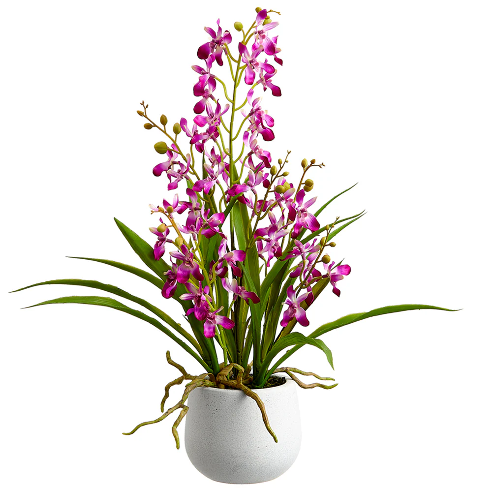 22" Mini Silk Cymbidium Orchid Flower Arrangement w/Ceramic Pot -2 Tone Orchid (Pack of 6)