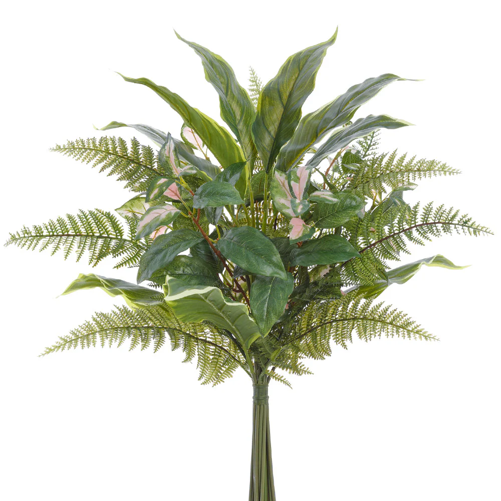 22" Mixed Fern, Hosta & Hoya Leaf Silk Stem Bundle -Green/Pink (Pack of 6)