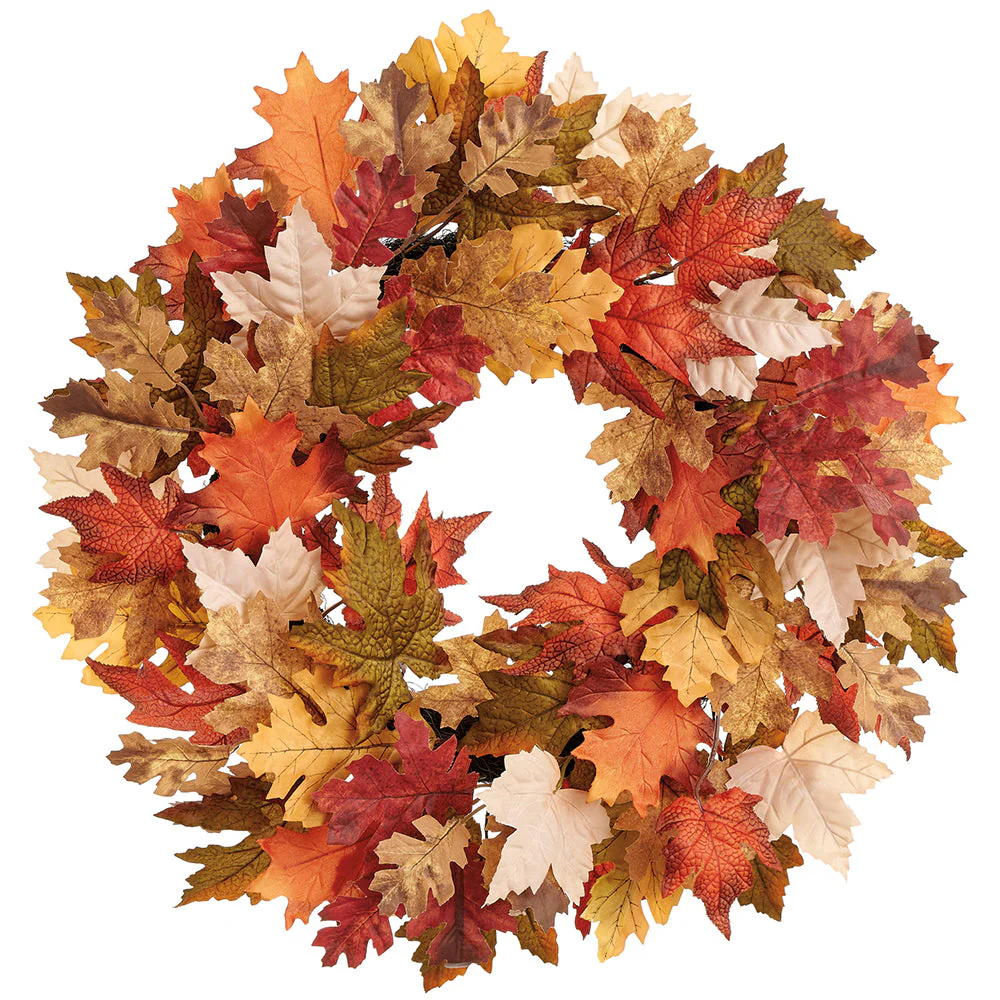 22" Mixed Maple & Oak Leaf Silk Wreath -Brown/Green (Pack of 4)