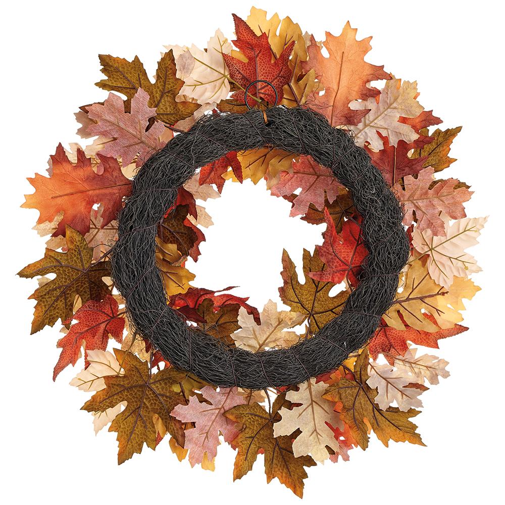 22" Mixed Maple & Oak Leaf Silk Wreath -Brown/Green (Pack of 4) - Image 2