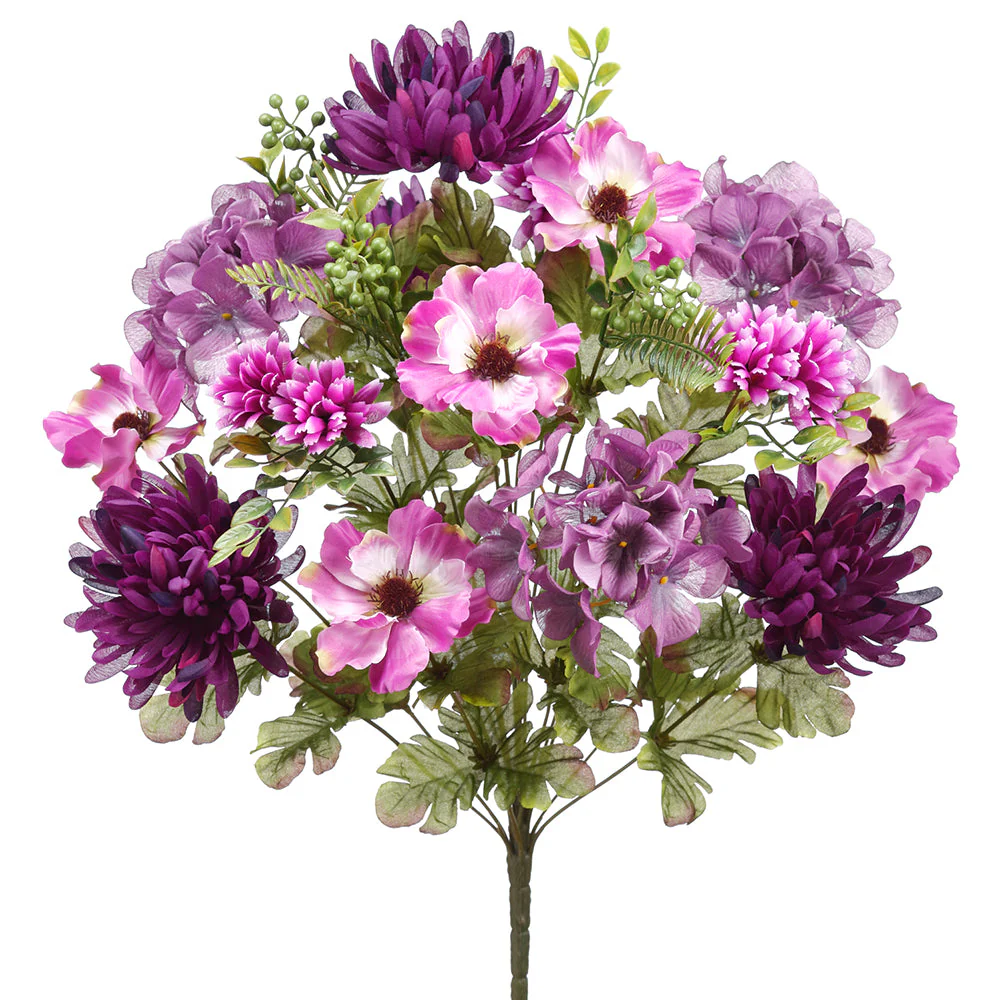 22" Mixed Mum & Hydrangea Silk Flower Bush -Purple/Boysenberry (Pack of 6)