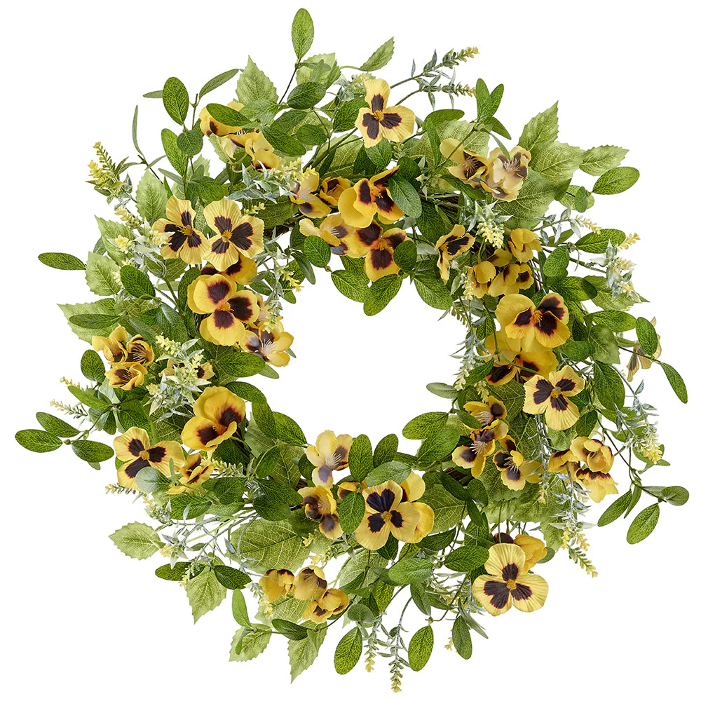 22" Pansy & Mixed Greenery Silk Flower Wreath -Yellow/Green (Pack of 2)