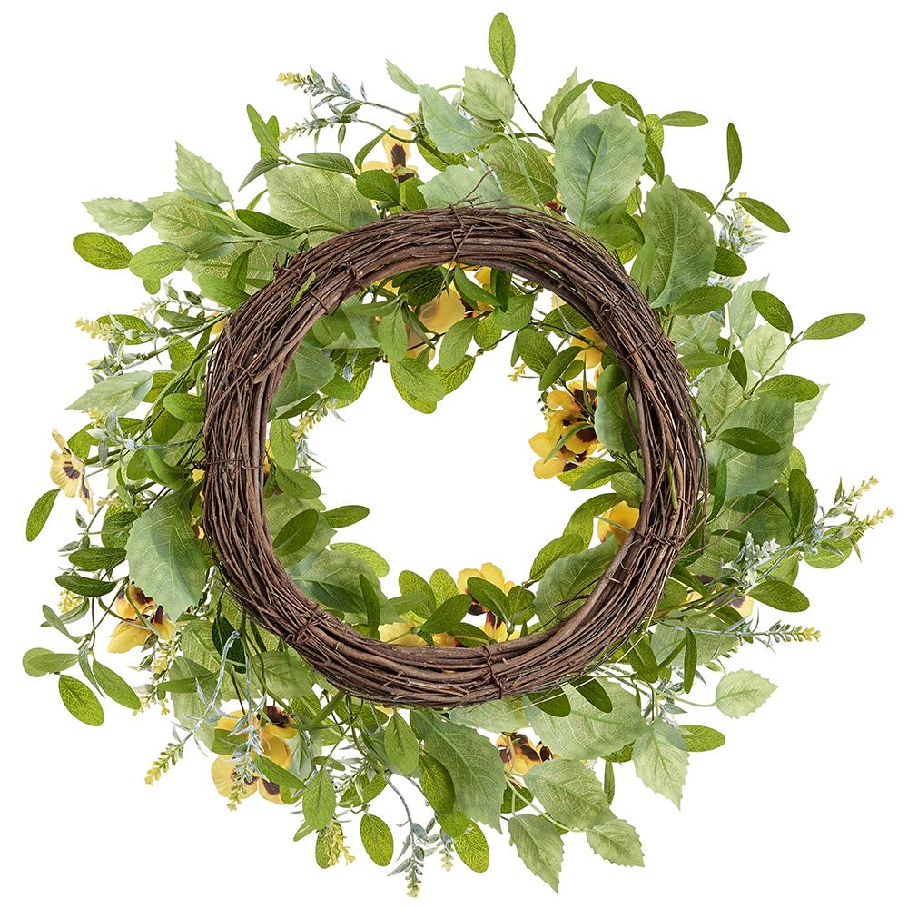 22" Pansy & Mixed Greenery Silk Flower Wreath -Yellow/Green (Pack of 2) - Image 2