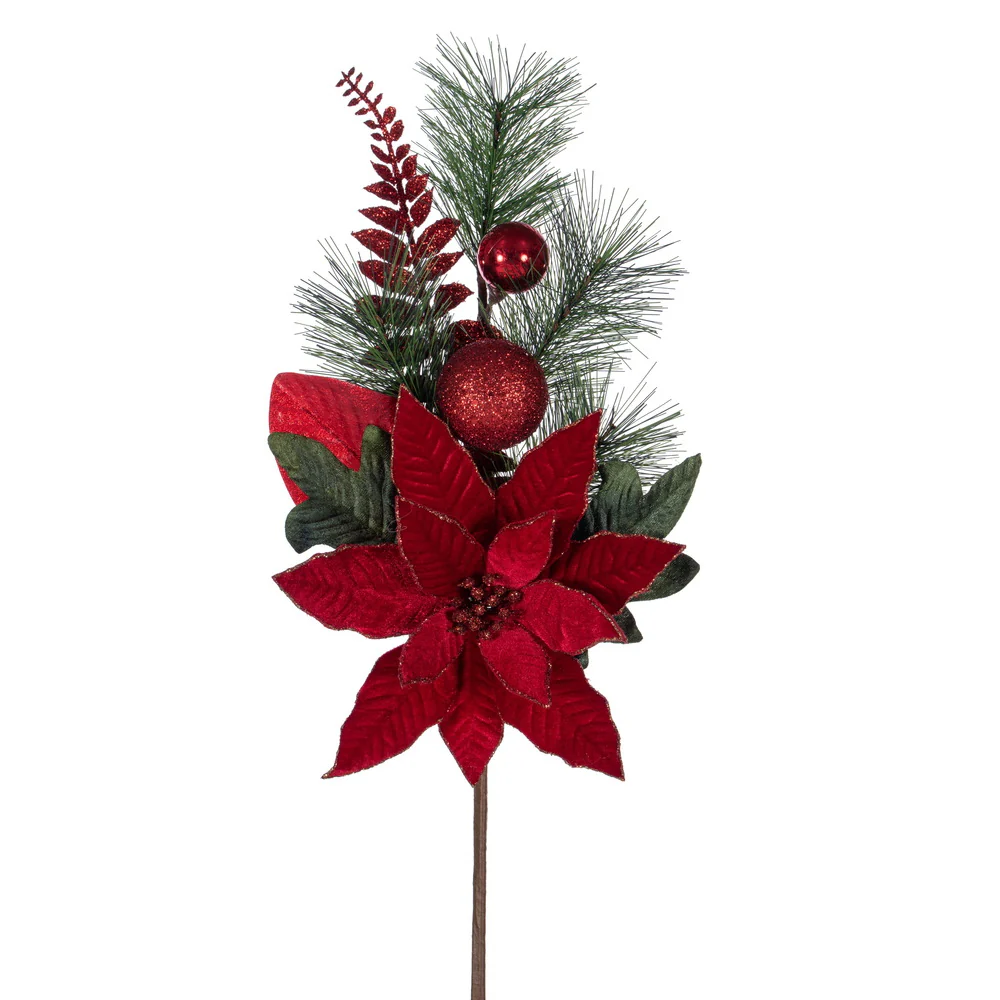 22" Silk Poinsettia Flower, Ball, Pine & Fern Leaf Stem -Red (Pack of 4)