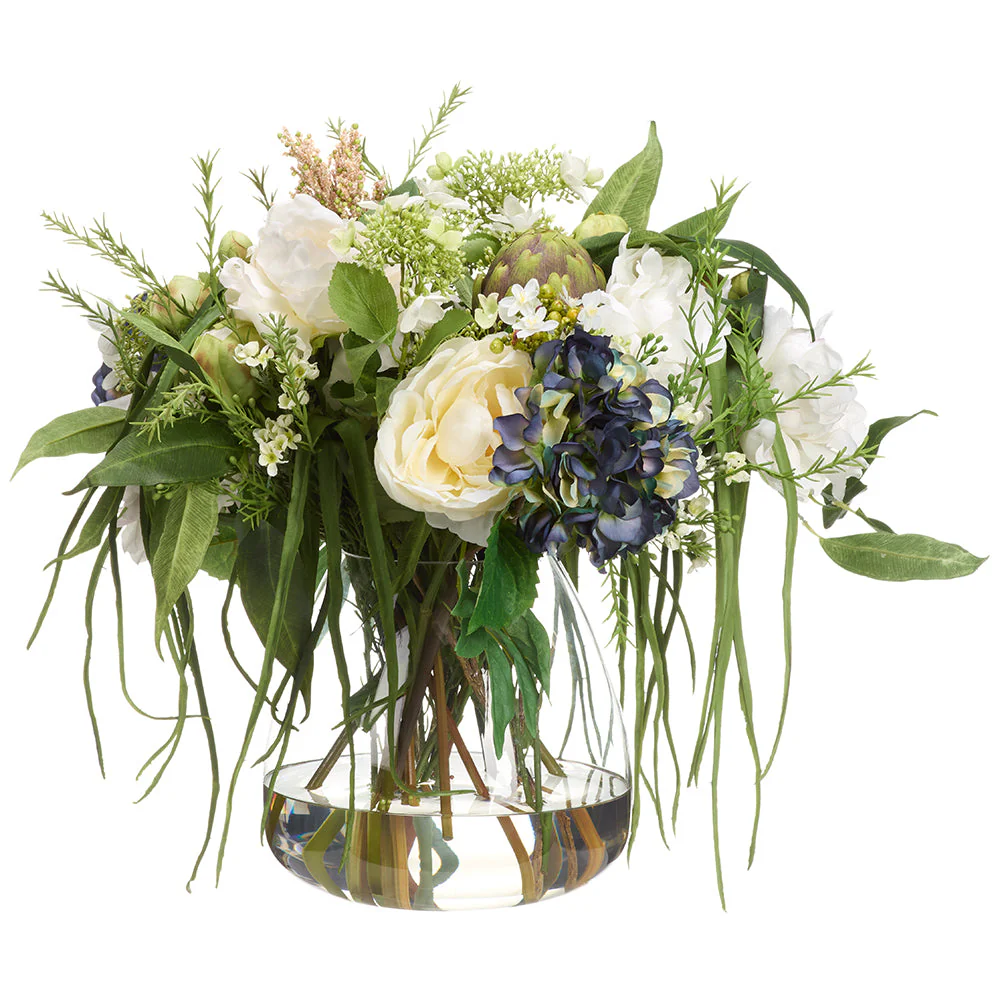 22"Hx26"W Peony & Hydrangea Silk Flower Arrangement w/Glass Vase -White/Blue