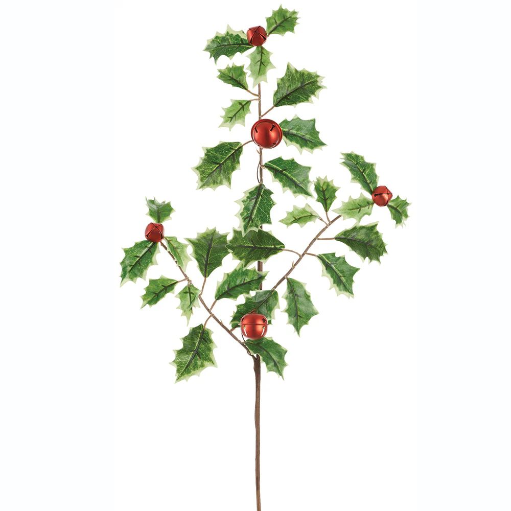23" Artificial Velvet Holly Leaf Stem With Jingle Bells -Variegated/Red (Pack of 12)