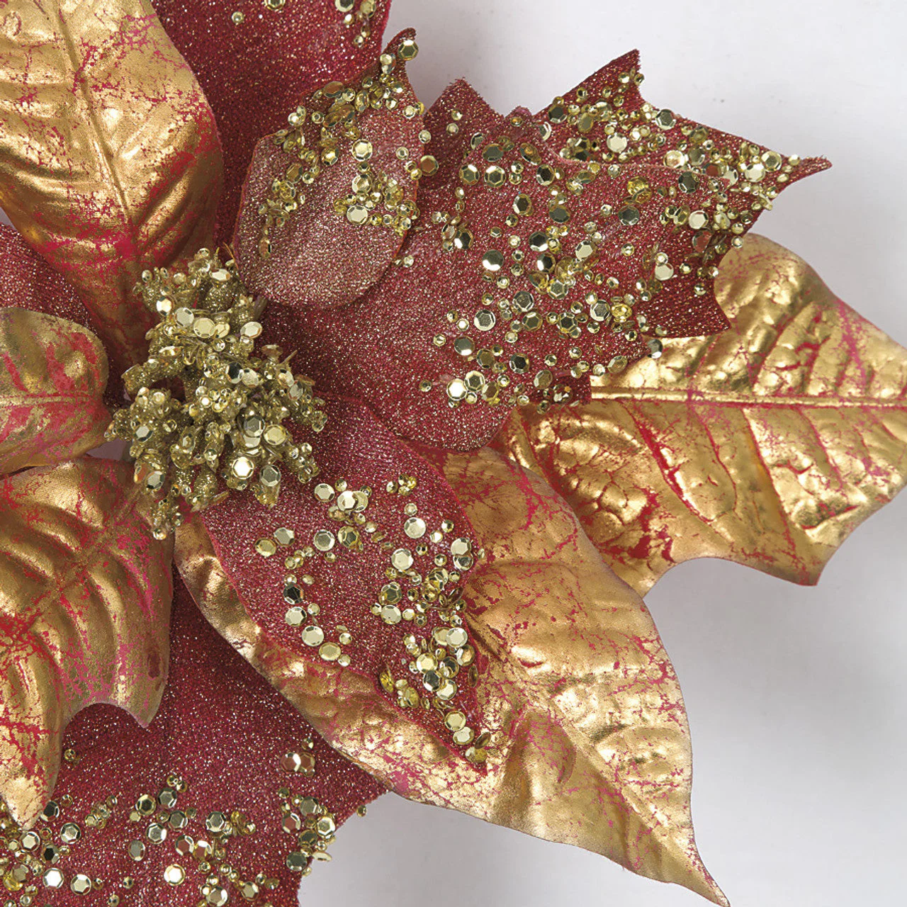 23" Glittered & Beaded Silk Poinsettia Flower Stem -Gold/Burgundy (Pack of 24) - Image 2