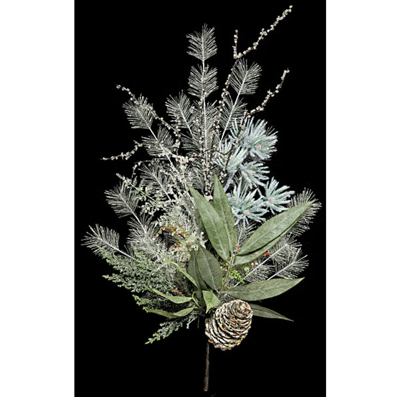 23" Iced Artificial Mixed Leaf, Pine & Pinecone Stem -Green/Silver (Pack of 4)