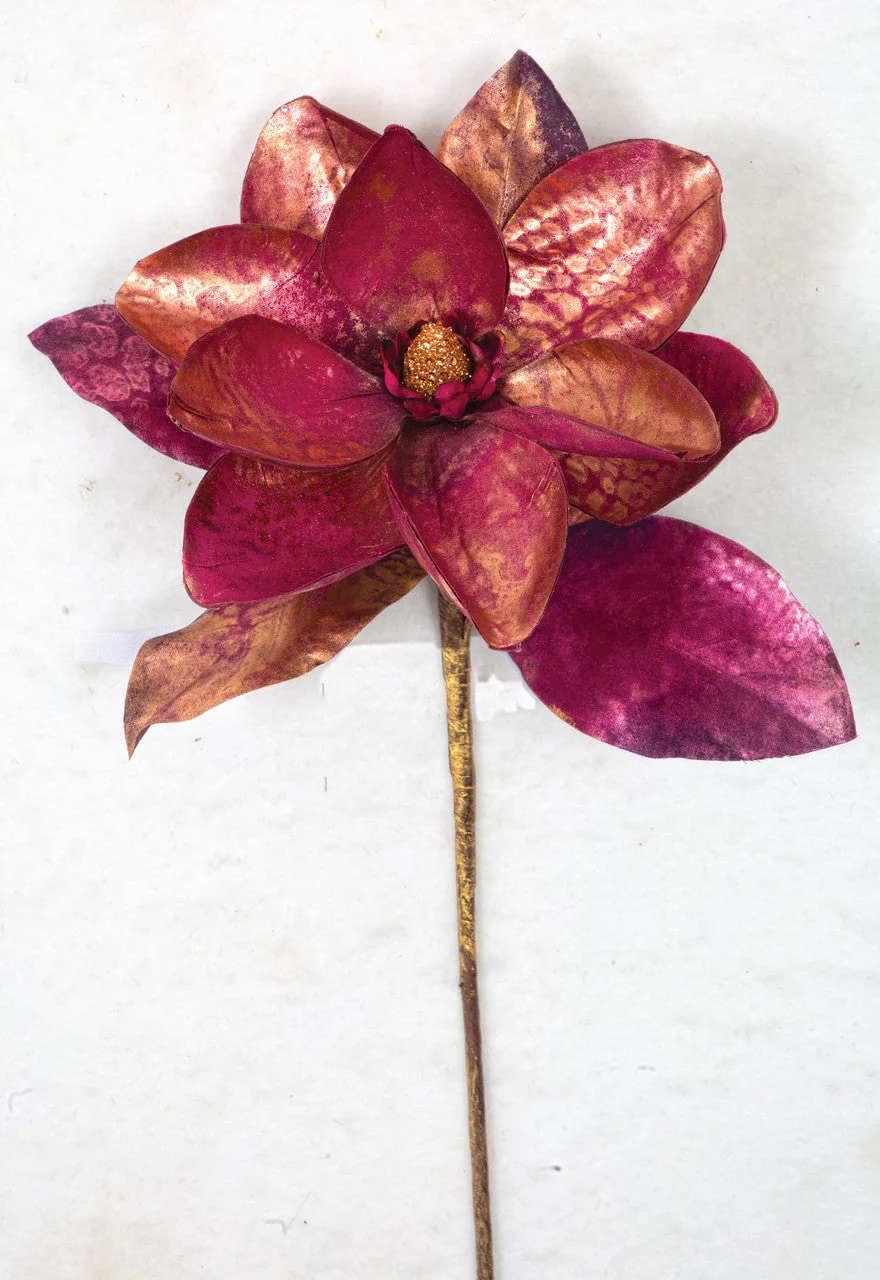 23" Metallic Printed Silk Magnolia Flower Stem -Burgundy (Pack of 12) - Image 2