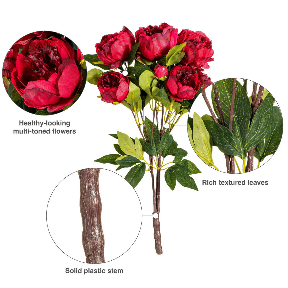 23" Silk Peony Flower Bush -Red (Pack of 4) - Image 6
