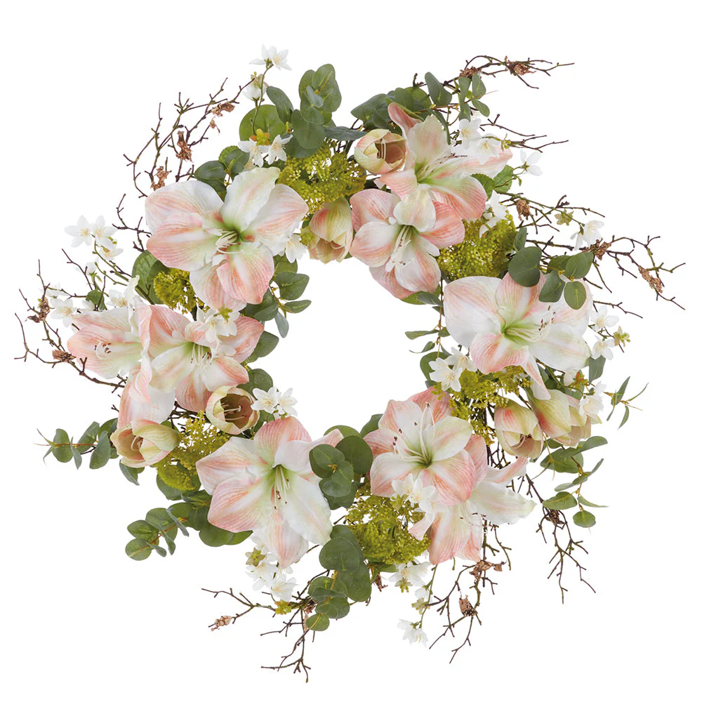 24" Amaryllis, Queen Anne's Lace & Eucalyptus Leaf Silk Flower Wreath -Coral/Green (Pack of 2)