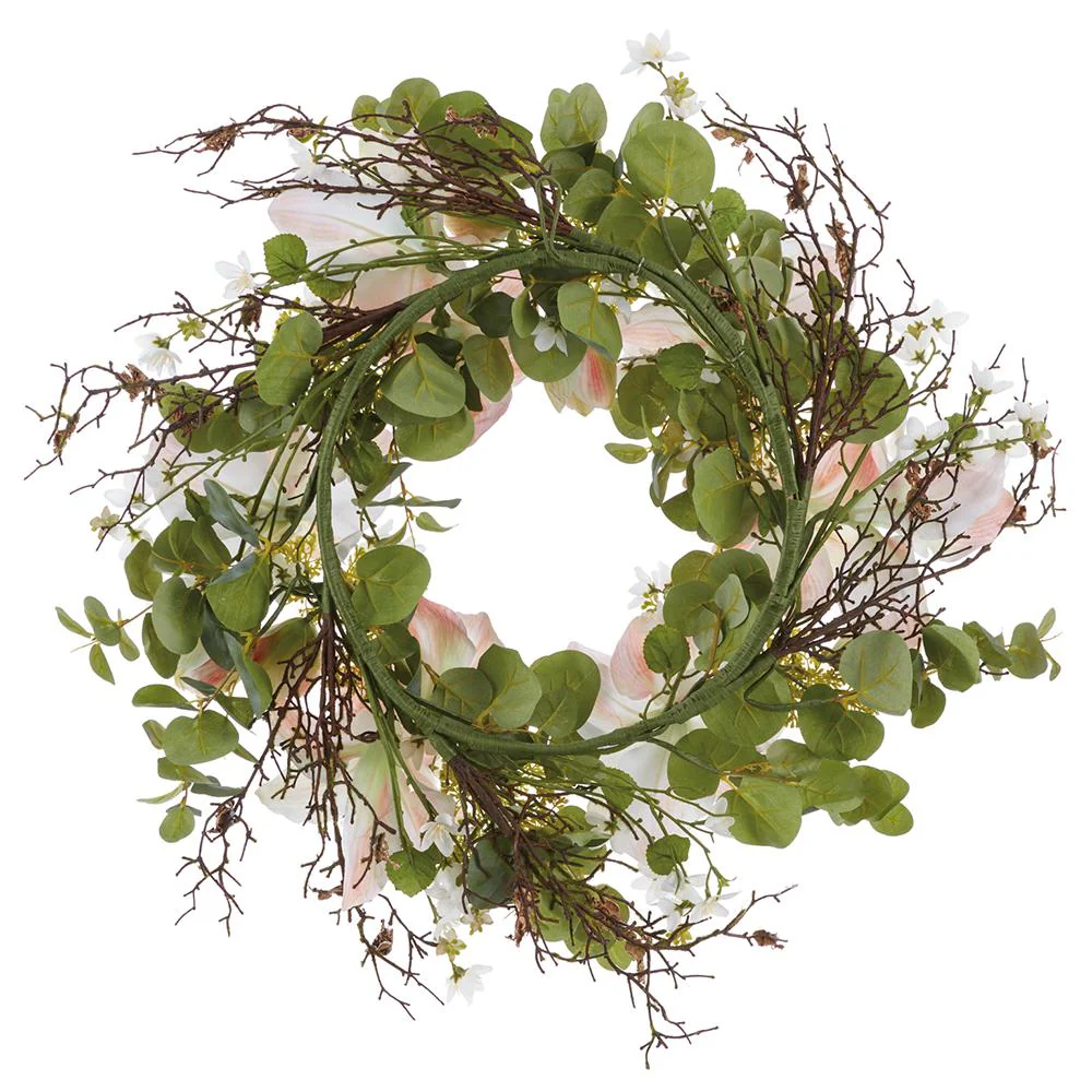 24" Amaryllis, Queen Anne's Lace & Eucalyptus Leaf Silk Flower Wreath -Coral/Green (Pack of 2) - Image 2
