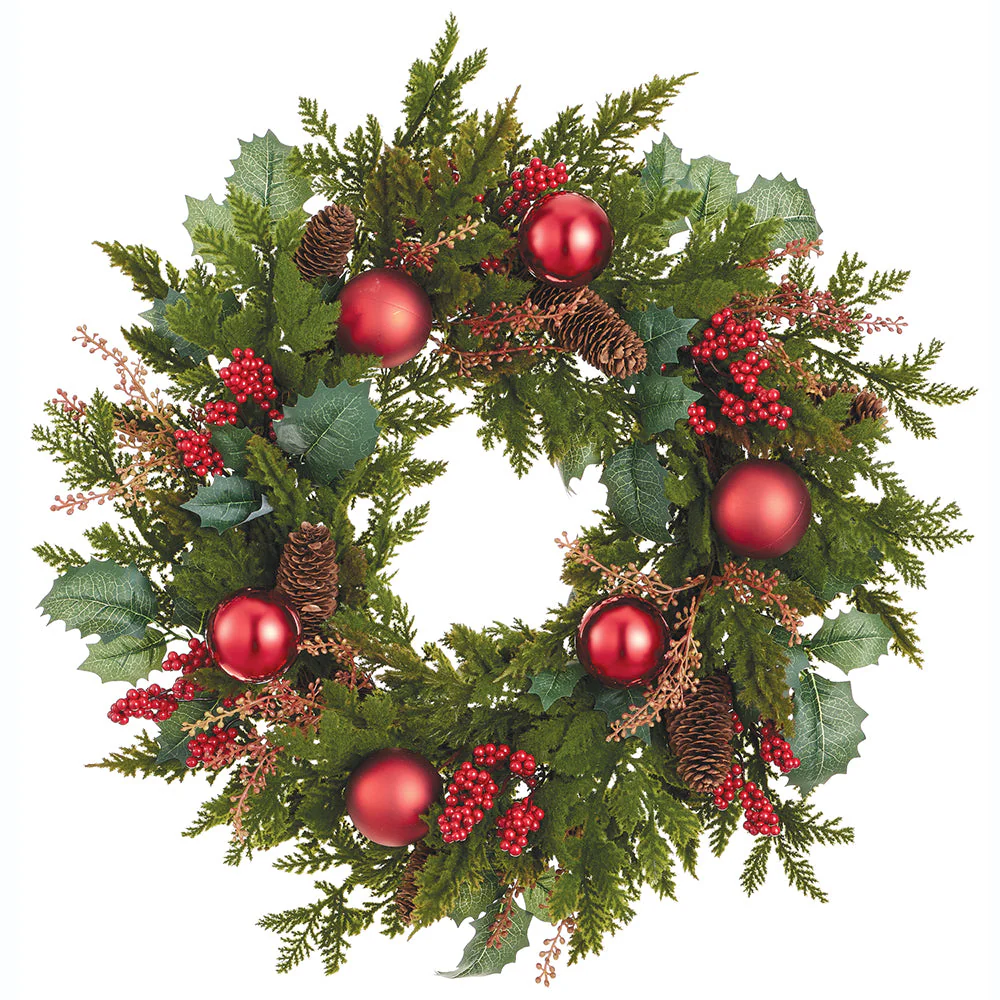 24" Artificial Ball, Berry & Pinecone Wreath -Red/Green (Pack of 4)